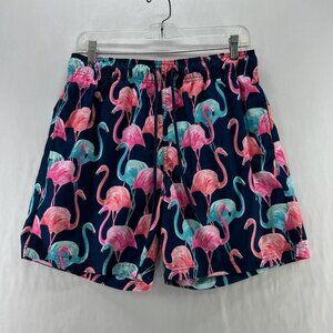 George 6" Flamingo Swim Trunks Mens M Drawstring Quick Dry Mesh Lined Blue Pink